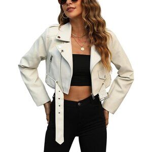 Women's White Faux Leather  Peak Lapel & Zipper Belted Classic Biker Jacket